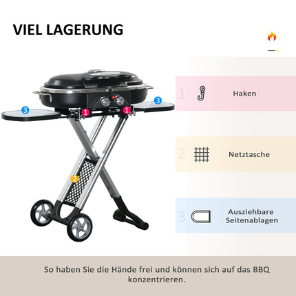 Gāzes grila BBQ grila ratiņi, salokāmi, ar 2 degļiem un grila tīklu, nerūsējošā tērauda, melni sudrabkrāsas, sānu plaukts ar riteņiem, 2,34 kW, 100x41,6x82,5cm