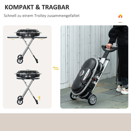 Gāzes grila BBQ grila ratiņi, salokāmi, ar 2 degļiem un grila tīklu, nerūsējošā tērauda, melni sudrabkrāsas, sānu plaukts ar riteņiem, 2,34 kW, 100x41,6x82,5cm