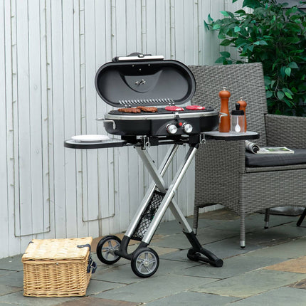 Gāzes grila BBQ grila ratiņi, salokāmi, ar 2 degļiem un grila tīklu, nerūsējošā tērauda, melni sudrabkrāsas, sānu plaukts ar riteņiem, 2,34 kW, 100x41,6x82,5cm