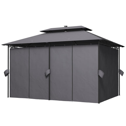 Dārza lapene ar dubultu jumtu, saules LED, 4x3 m, ūdensnecaurlaidīga, stabila, ziemai izturīga dārza paviljona ar sānu paneļiem, dārza paviljons no metāla, dārzam, terasei, tumši pelēka