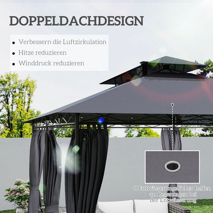 Dārza lapene ar dubultu jumtu, saules LED, 4x3 m, ūdensnecaurlaidīga, stabila, ziemai izturīga dārza paviljona ar sānu paneļiem, dārza paviljons no metāla, dārzam, terasei, tumši pelēka