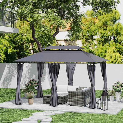 Dārza lapene ar dubultu jumtu, saules LED, 4x3 m, ūdensnecaurlaidīga, stabila, ziemai izturīga dārza paviljona ar sānu paneļiem, dārza paviljons no metāla, dārzam, terasei, tumši pelēka