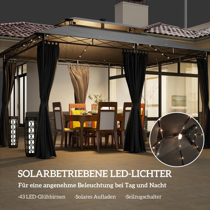 Dārza lapene ar dubultu jumtu, saules LED, 4x3 m, ūdensnecaurlaidīga, stabila, ziemai izturīga dārza paviljona ar sānu paneļiem, dārza paviljons no metāla, dārzam, terasei, tumši pelēka
