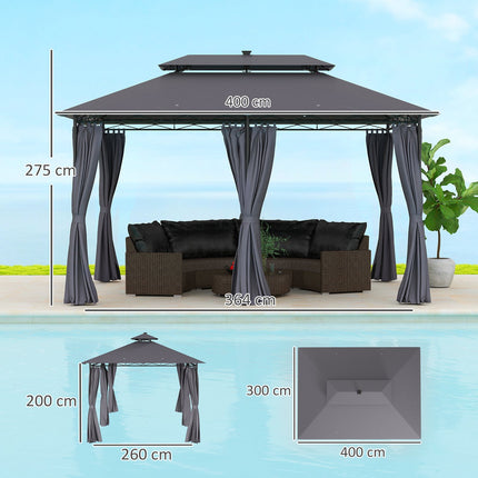 Dārza lapene ar dubultu jumtu, saules LED, 4x3 m, ūdensnecaurlaidīga, stabila, ziemai izturīga dārza paviljona ar sānu paneļiem, dārza paviljons no metāla, dārzam, terasei, tumši pelēka