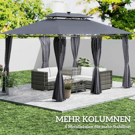 Dārza lapene ar dubultu jumtu, saules LED, 4x3 m, ūdensnecaurlaidīga, stabila, ziemai izturīga dārza paviljona ar sānu paneļiem, dārza paviljons no metāla, dārzam, terasei, tumši pelēka