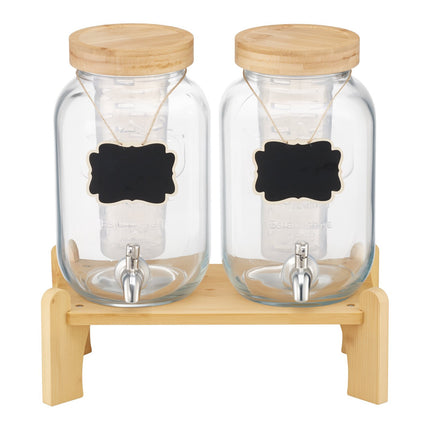 Glass Beverage Dispenser Set, 2 x 3.8L, Wood Stand, Spigot