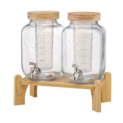 Glass Beverage Dispenser Set, 2 x 3.8L, Wood Stand, Spigot