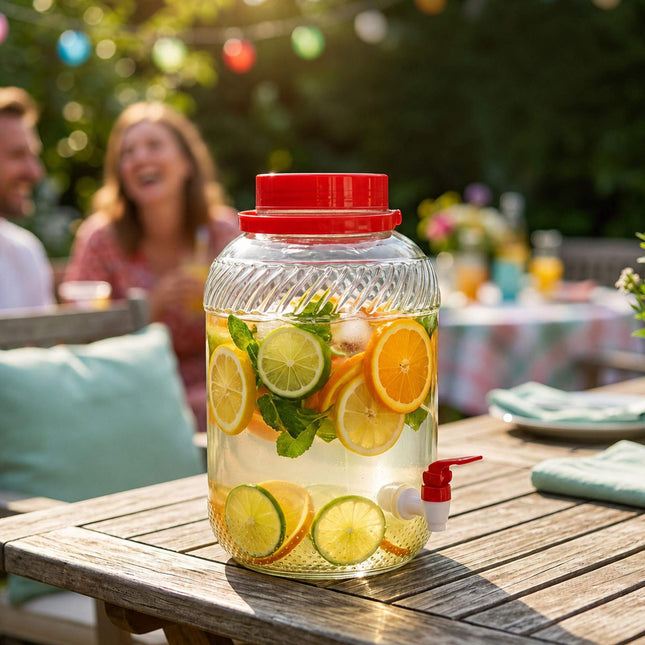 Stikla dzērienu dozators ar krānu, 10 l – sarkans