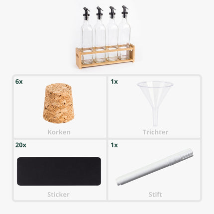 Stikla eļļas pudeļu komplekts ar bambusa turētāju – 4 pudeles