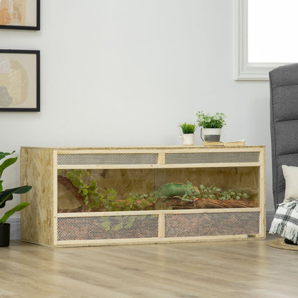 Stikla terārijs, 120 x 50 x 50 cm, termostatisks, izturīgs, ar ventilācijas režģi, bīdāmām durvīm, čūskām, zirnekļiem, OSB plāksne, dabīgs koks