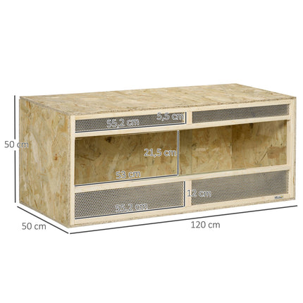 Stikla terārijs, 120 x 50 x 50 cm, termostatisks, izturīgs, ar ventilācijas režģi, bīdāmām durvīm, čūskām, zirnekļiem, OSB plāksne, dabīgs koks