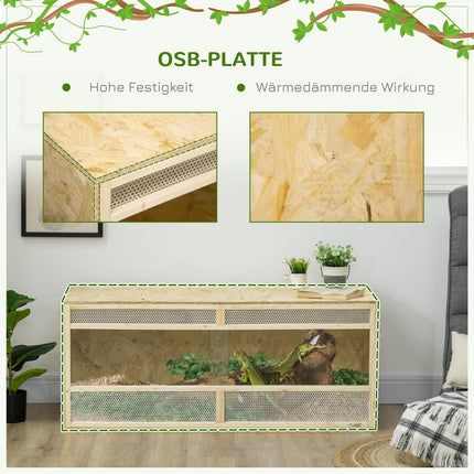 Stikla terārijs, 120 x 50 x 50 cm, termostatisks, izturīgs, ar ventilācijas režģi, bīdāmām durvīm, čūskām, zirnekļiem, OSB plāksne, dabīgs koks