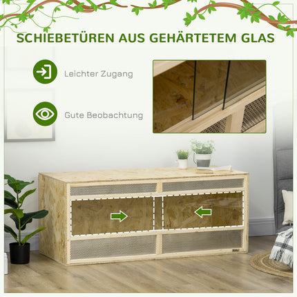 Stikla terārijs, 120 x 50 x 50 cm, termostatisks, izturīgs, ar ventilācijas režģi, bīdāmām durvīm, čūskām, zirnekļiem, OSB plāksne, dabīgs koks