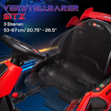 Bērnu kartings, elektriskais kartings ar skaņas signālu un mūzikas funkciju, regulējams sēdeklis, līdz 12 km/h, plastmasa, metāls, sarkans