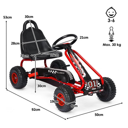 Kartings ar regulējamu sēdekli un rokas bremzi, pedāļu automašīna ar kravnesību līdz 30 kg, pedāļu ratiņi sarkanā krāsā