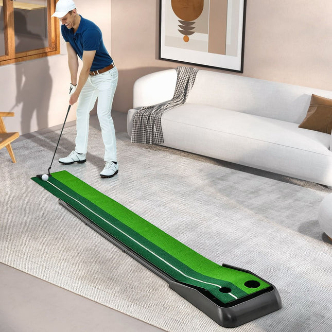Golfa puttinga paklājiņš 250 cm, automātiska bumbiņas atgriešana, 2 bedrītes