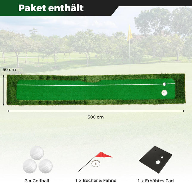 Golfa puttinga paklājiņš - 300 cm, divas bedrītes, 3 bumbiņas