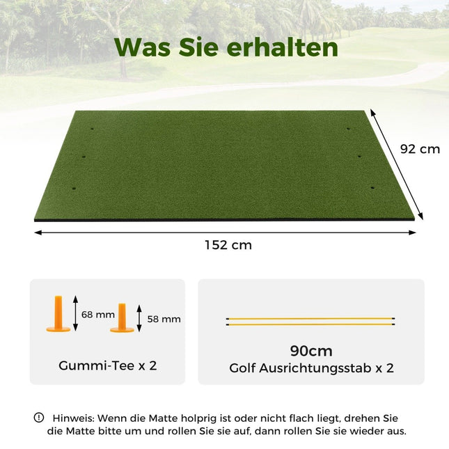 Golfa paklājiņš 2 gumijas laukumiem un 2 izlīdzināšanas nūjiņas 6 laukuma pozīcijām 152 x 92 cm biezums 20 mm