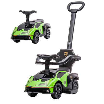 Zaļa 2-in-1 braukšanas automašīna ar stumšanas rokturi un skaņas signālu