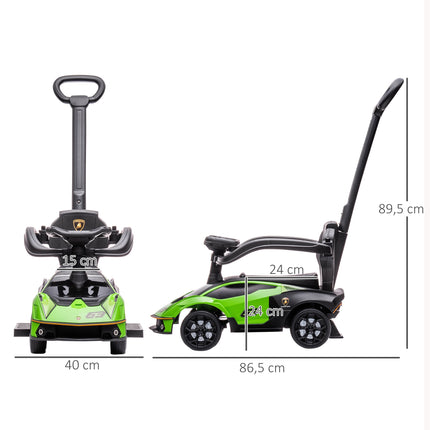 Zaļa 2-in-1 braukšanas automašīna ar stumšanas rokturi un skaņas signālu