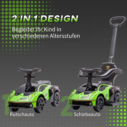 Zaļa 2-in-1 braukšanas automašīna ar stumšanas rokturi un skaņas signālu