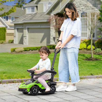 Zaļa 2-in-1 braukšanas automašīna ar stumšanas rokturi un skaņas signālu