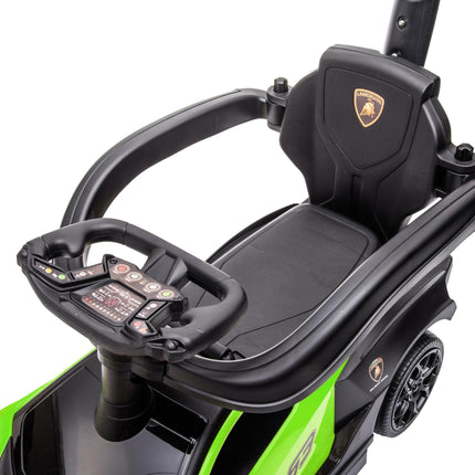 Zaļa 2-in-1 braukšanas automašīna ar stumšanas rokturi un skaņas signālu