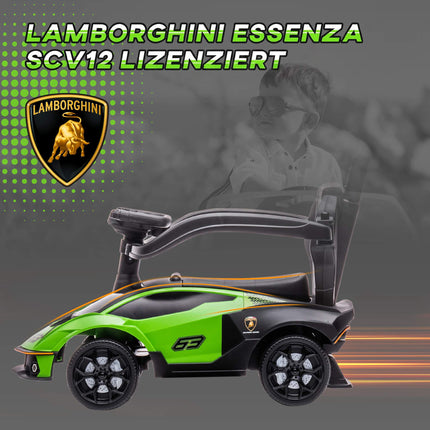 Zaļa 2-in-1 braukšanas automašīna ar stumšanas rokturi un skaņas signālu