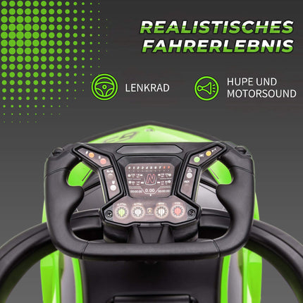 Zaļa 2-in-1 braukšanas automašīna ar stumšanas rokturi un skaņas signālu