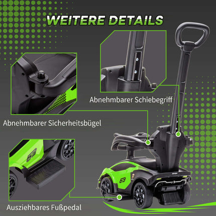 Zaļa 2-in-1 braukšanas automašīna ar stumšanas rokturi un skaņas signālu