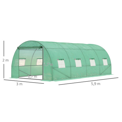 Siltumnīca, aptuveni 6 x 3 x 2 m, plēves siltumnīca ar 8 logiem, rullējamām durvīm, sarullējamām sānu sienām, UV staru izturīgu plēves tuneli, ziemai drošu tomātu namiņu ar zemes enkuru, zaļa