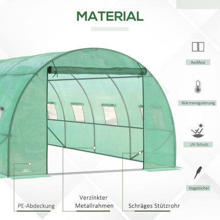 Siltumnīca, aptuveni 6 x 3 x 2 m, plēves siltumnīca ar 8 logiem, rullējamām durvīm, sarullējamām sānu sienām, UV staru izturīgu plēves tuneli, ziemai drošu tomātu namiņu ar zemes enkuru, zaļa