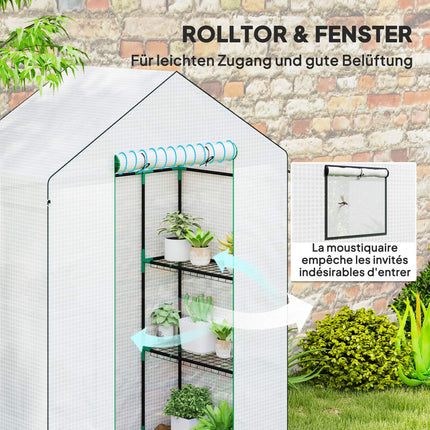 Greenhouse with rolling door and shelves for gardening