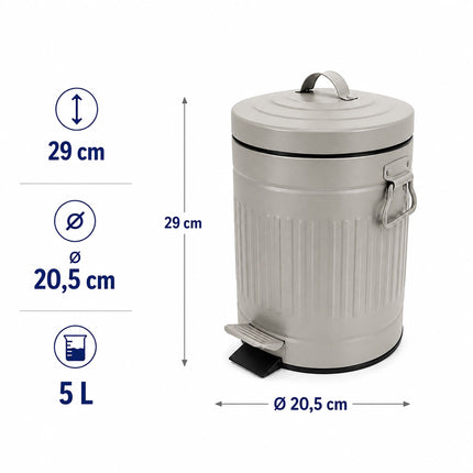 Pelēka retro vannas istabas atkritumu tvertne ar pedāli, 5 l ietilpība