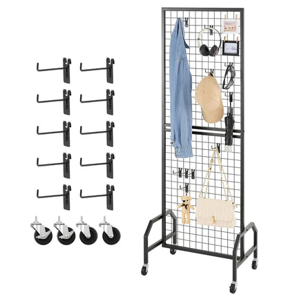 Grid Wall Panel Display Rack, 600 x 1640 mm, Wheels, 10 Hooks