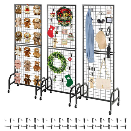 Grid Wall Panels Set, 3-Pack, Wheels, 30 Hooks, Black