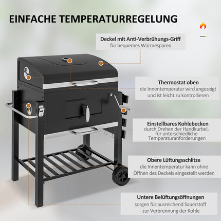 Charcoal BBQ Grill trolley, black stainless steel, 113x65x108 cm