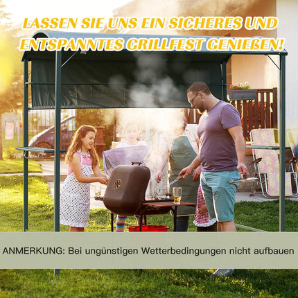 Grila paviljons ar liesmas aizsardzības jumtu, BBQ paviljons, 2 plaukti, poliesters, melns, 218x138x216 cm
