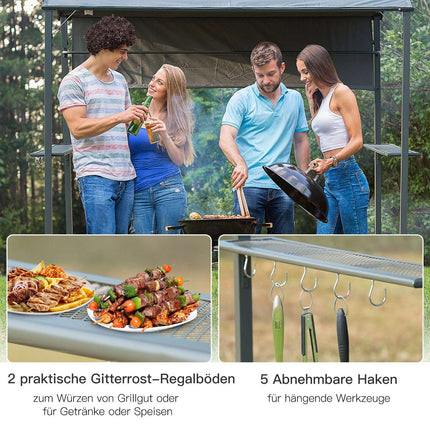 Grila paviljons ar liesmas aizsardzības jumtu, BBQ paviljons, 2 plaukti, poliesters, melns, 218x138x216 cm