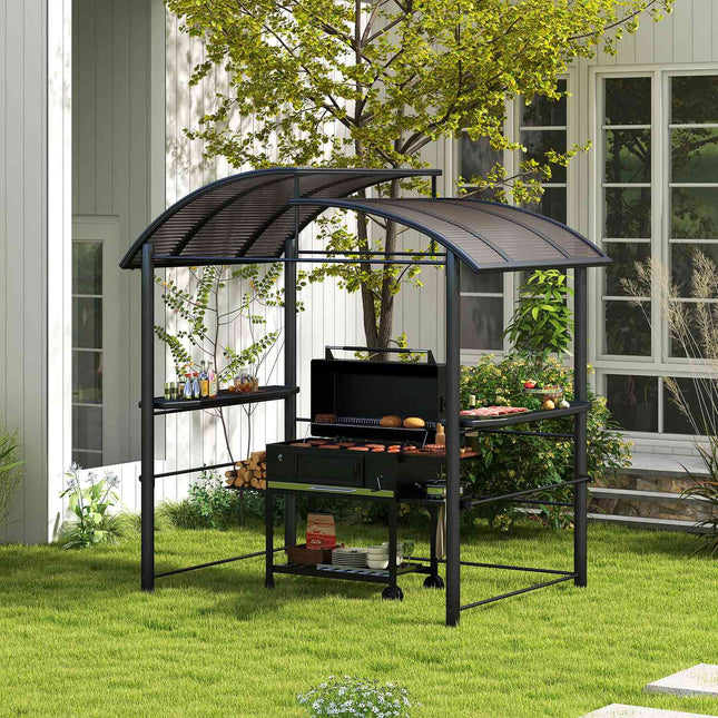 Grila paviljons, liesmas aizsardzības jumts, bārbekjū paviljons, 2 plaukti, UV aizsardzība, pergola, dārza balkons, tērauds, PC, tumši pelēks, 240x150x230 cm