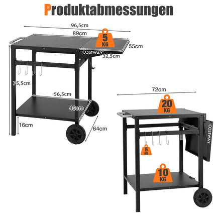 Grila ratiņi ar saliekamu galda virsmu, 2 plauktiem un 4 āķiem. Pārvietojams kempinga galds.