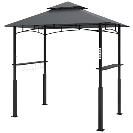 Grila paviljons ar LED 243 x 148 x 248 cm ūdensizturīgs, liesmu slāpējošs dārza paviljons ar dubultu jumtu, sānu plauktiem, lapene ar UV aizsardzību, grila paviljons no metāla grila telts ballītēm, grila pelēks
