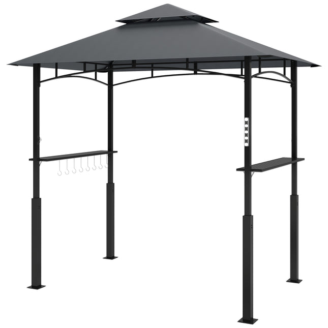 Grila paviljons ar LED 243 x 148 x 248 cm ūdensizturīgs, liesmu slāpējošs dārza paviljons ar dubultu jumtu, sānu plauktiem, lapene ar UV aizsardzību, grila paviljons no metāla grila telts ballītēm, grila pelēks