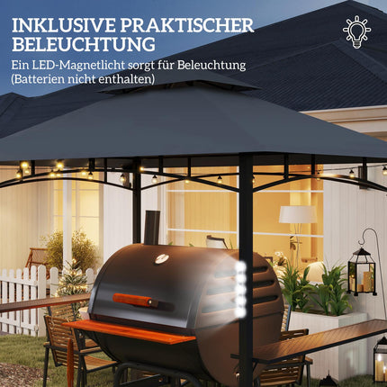 Grila paviljons ar LED 243 x 148 x 248 cm ūdensizturīgs, liesmu slāpējošs dārza paviljons ar dubultu jumtu, sānu plauktiem, lapene ar UV aizsardzību, grila paviljons no metāla grila telts ballītēm, grila pelēks
