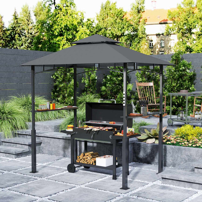 Grila paviljons ar LED 243 x 148 x 248 cm ūdensizturīgs, liesmu slāpējošs dārza paviljons ar dubultu jumtu, sānu plauktiem, lapene ar UV aizsardzību, grila paviljons no metāla grila telts ballītēm, grila pelēks