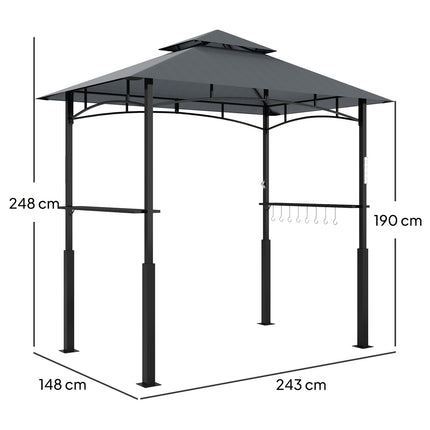 Grila paviljons ar LED 243 x 148 x 248 cm ūdensizturīgs, liesmu slāpējošs dārza paviljons ar dubultu jumtu, sānu plauktiem, lapene ar UV aizsardzību, grila paviljons no metāla grila telts ballītēm, grila pelēks