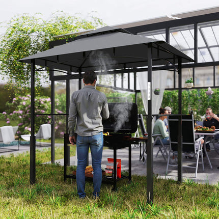 Grila paviljons ar LED 243 x 148 x 248 cm ūdensizturīgs, liesmu slāpējošs dārza paviljons ar dubultu jumtu, sānu plauktiem, lapene ar UV aizsardzību, grila paviljons no metāla grila telts ballītēm, grila pelēks