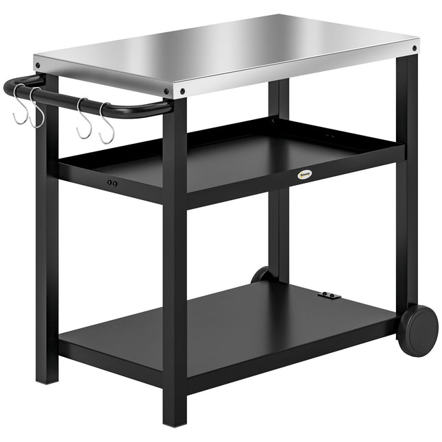 Grila ratiņu 3 līmeņu servēšanas ratiņi ar darba virsmas plauktiem, āķa riteņiem, nerūsējošā tērauda BBQ grila galds, grila sānu galds, āra ratiņi, kokogļu grils dārza grilam 102x50x81cm kokogļu pelēks