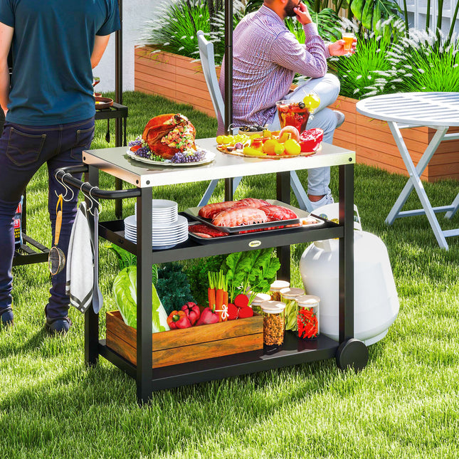 Grila ratiņu 3 līmeņu servēšanas ratiņi ar darba virsmas plauktiem, āķa riteņiem, nerūsējošā tērauda BBQ grila galds, grila sānu galds, āra ratiņi, kokogļu grils dārza grilam 102x50x81cm kokogļu pelēks