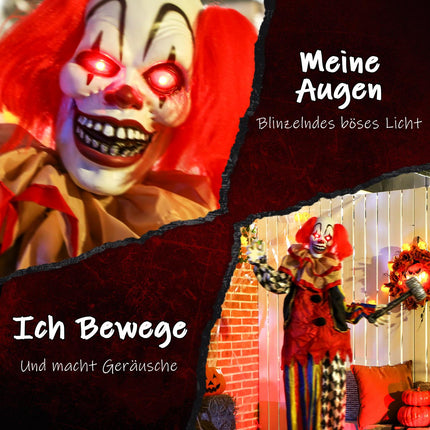 Helovīna animatroniskais klauns, 173 cm, gaismās acis